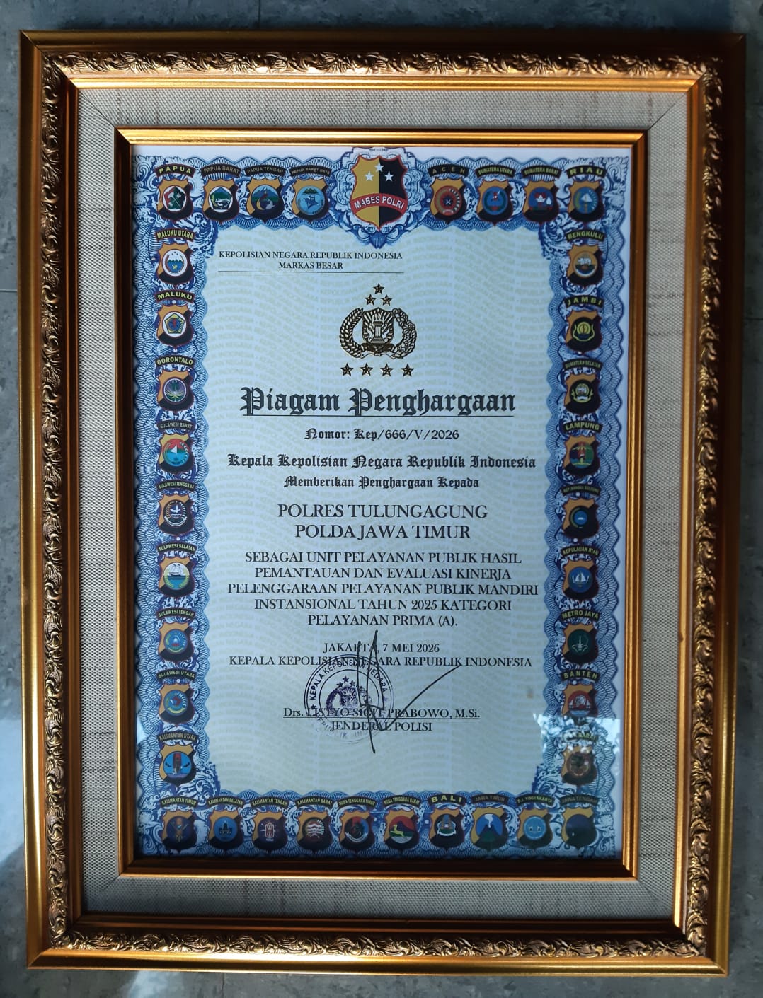 Polres Tulungagung Raih Predikat Pelayanan Prima dari Kapolri